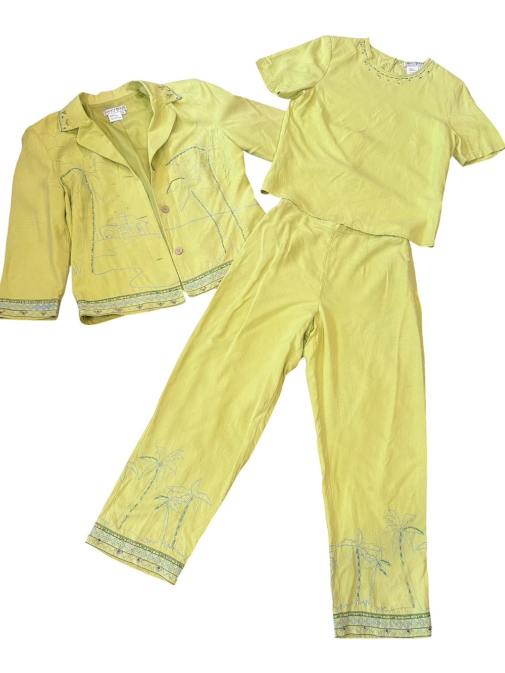 Vintage Nancy Bolen City Girl Silk Green Yellow Jacket Top Pants Small As is